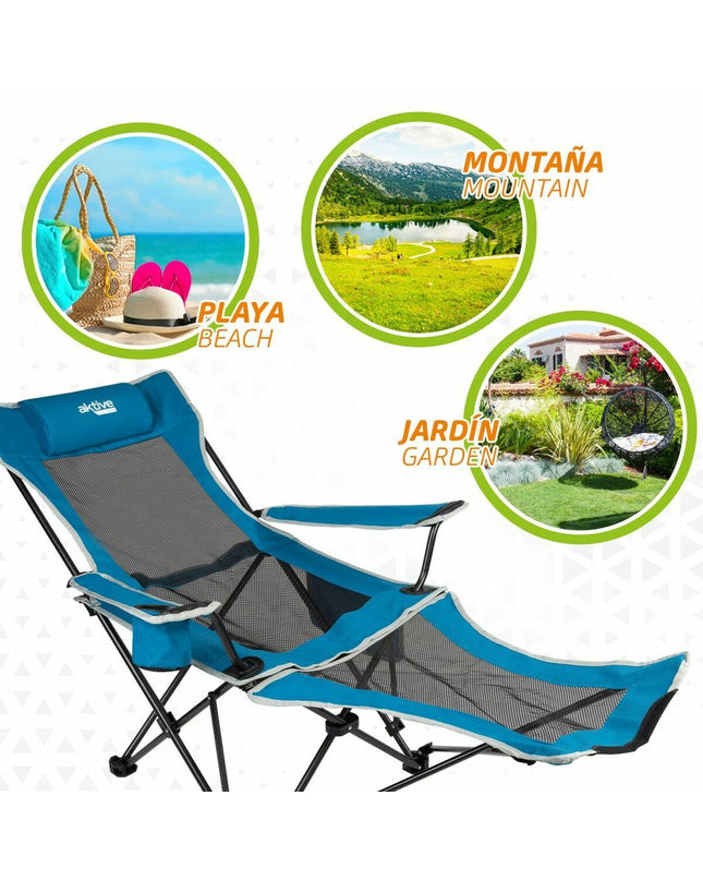 Blue Aktive hangmat-stoel for outdoor camping and hiking, measuring 152 x 54 x 75 cm, ideal for relaxation in nature.