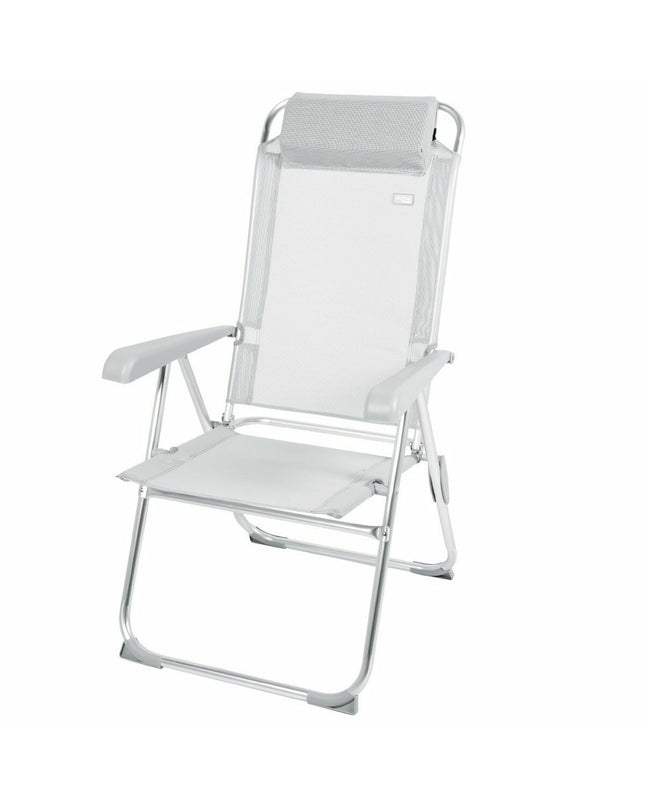 Aktive gray folding camping chair with armrests, lightweight design, measures 44x55x101 cm, suitable for outdoor activities.