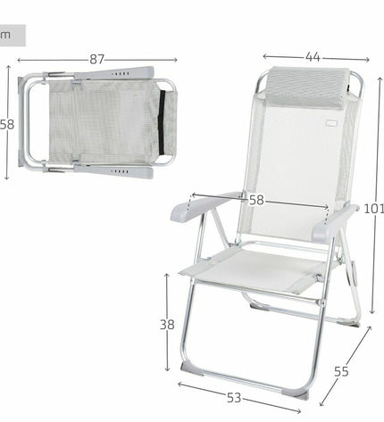 Gray foldable camping chair by Aktive, lightweight and portable, measuring 44 x 55 x 101 cm, suitable for outdoor activities.