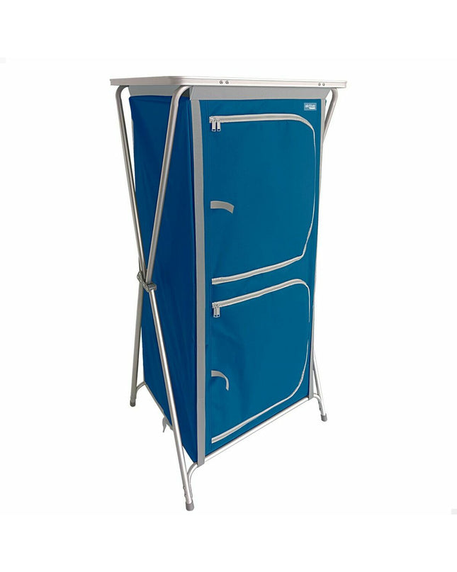 Aktive camping wardrobe measuring 62x53x140 cm, suitable for outdoor camping and hiking, with open doors revealing storage compartments.