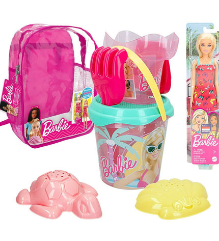 Barbie strandspeelgoedset with 8 pieces, 18 cm diameter, suitable for outdoor and sport play, featuring colorful plastic components.