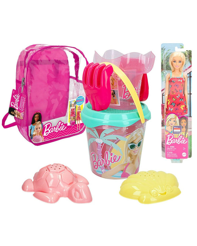Barbie strandspeelgoedset with 8 pieces, 18 cm diameter, suitable for outdoor and sport play, featuring colorful plastic components.
