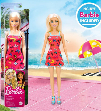 Barbie strandspeelgoedset with 8 parts, 18 cm, suitable for outdoor play and sports, featuring colorful plastic accessories.
