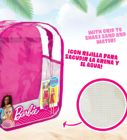 Barbie strandspeelgoedset with 8 parts, 18 cm, colorful plastic construction for outdoor play and imaginative fun.