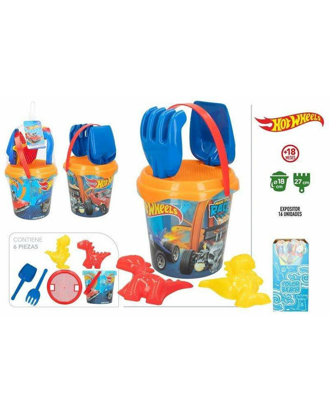 Hot Wheels strand speelgoedset with an 18cm diameter car track and toy cars, perfect for outdoor play and racing fun.