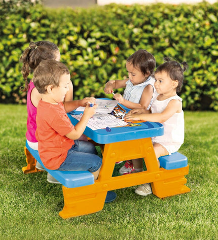 Colorbaby kids' table and chairs set in blue and orange, child-sized wooden furniture for play and mealtime.
