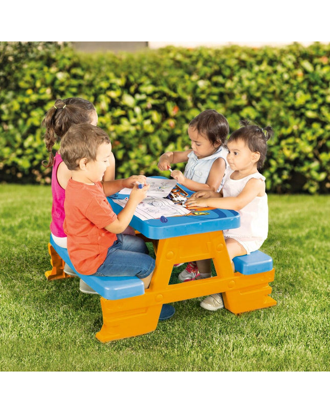 Colorbaby kids' table and chairs set in blue and orange, child-sized wooden furniture for play and mealtime.