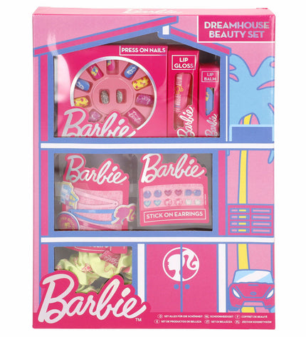 Barbie Kinder make-up set with 9 colorful pieces, toy pretend makeup for kids, in a compact pink case.