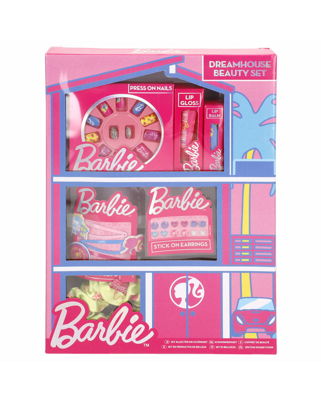 Barbie Kinder make-up set with 9 colorful pieces, toy pretend makeup for kids, in a compact pink case.