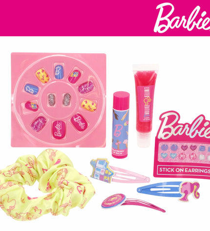 Barbie Kinder make-up set with pretend brushes and accessories, small 9x1x9 cm toy for imaginative play and role-playing.