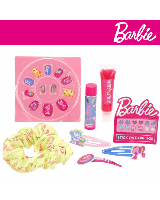 Barbie Kinder make-up set with pretend brushes and accessories, small 9x1x9 cm toy for imaginative play and role-playing.