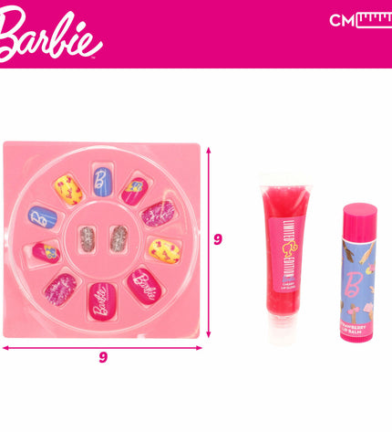 Barbie Kinder make-up set with 9 pieces, colorful toy pretend cosmetics for children, in a compact plastic case.