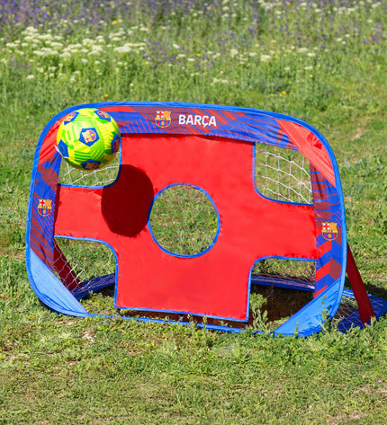 F.C. Barcelona football goal measuring 120x80x80 cm for outdoor soccer, with visible net and frame in the image.