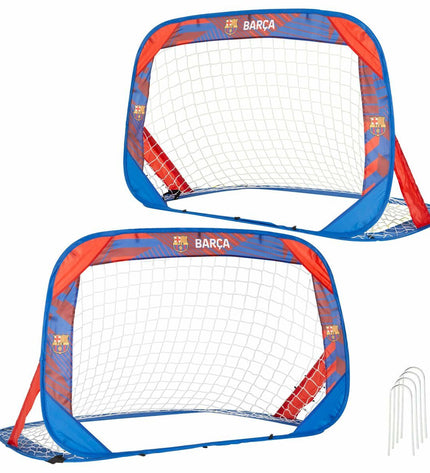 Set van 2 F.C. Barcelona voetbaldoelen for outdoor soccer practice, featuring lightweight metal frames and netting.