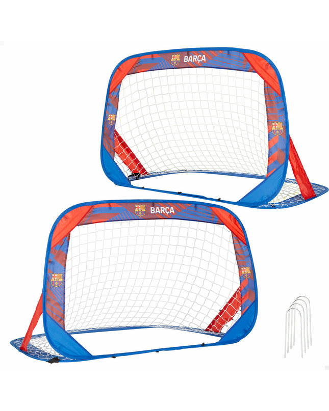 Set of 2 F.C. Barcelona soccer goals for outdoor sports, featuring sturdy frames and vibrant team branding.