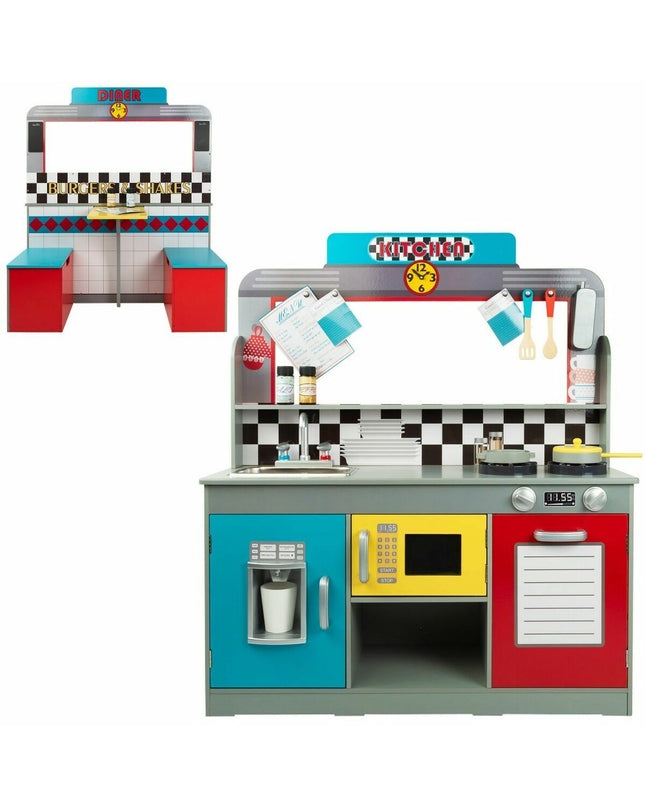 Woomax wooden toy kitchen set measuring 90x58x104 cm, realistic play kitchen with stove, sink, and storage in natural wood finish.