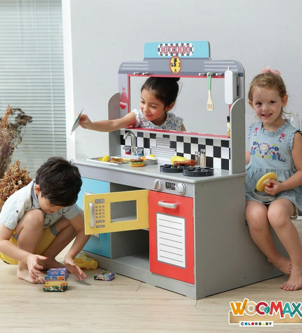 Woomax houten speelgoedkeuken, 90x58x104 cm, imitation play kitchen with realistic details for kids' imaginative play