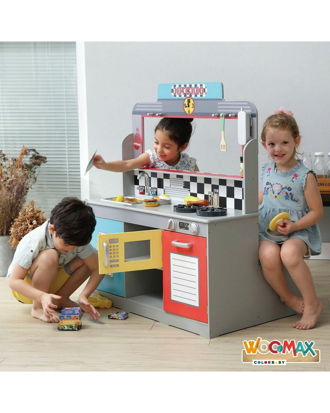 Woomax houten speelgoedkeuken, 90x58x104 cm, imitation play kitchen with realistic details for kids' imaginative play