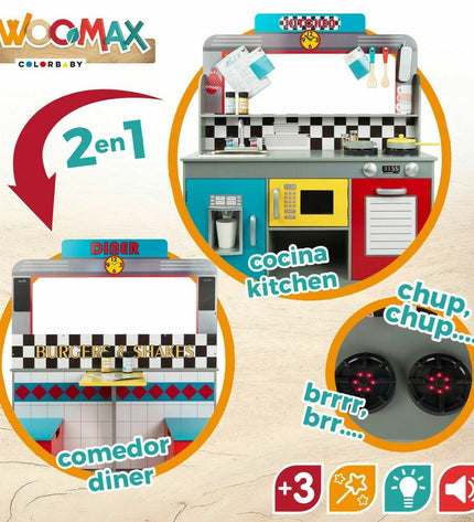 Woomax wooden play kitchen with sink, stove, and storage shelves in a spacious 90x58x104 cm size for imaginative play.
