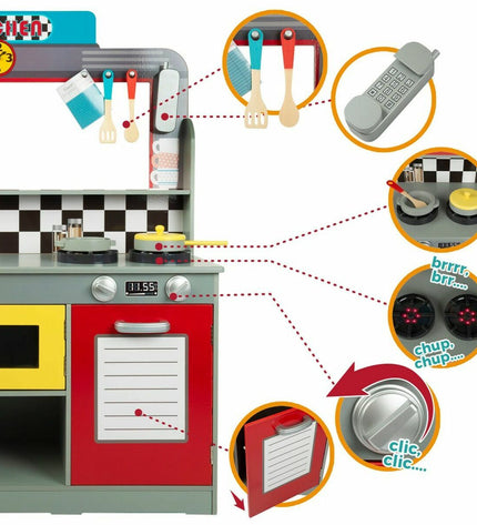 Woomax wooden toy kitchen set with sink, stove, and oven, measuring 90x58x104 cm, ideal for imaginative play.