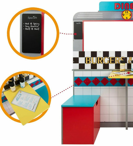 Wooden Woomax play kitchen for children, 90x58x104 cm, with realistic details in a vibrant toy and game imitation play setup.