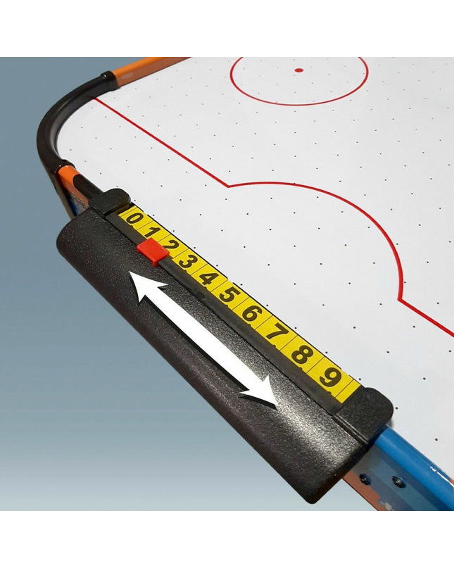 CB Games hockey table with 122x61x75 cm size, featuring a wooden finish and gameplay accessories on a light background.