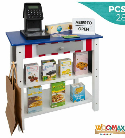 Woomax Speelgoedsupermarkt imitation play set with 28 pieces, featuring a toy supermarket in bright colors and various accessories.
