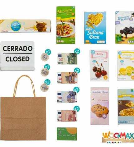 Woomax Speelgoedsupermarkt imitation playset with 28 pieces, colorful toy supermarket for kids, measuring 48x70x30 cm.