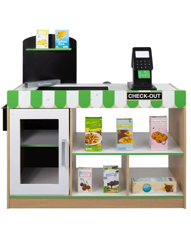 Teamson play supermarket set with toy food and shopping cart, ideal for imaginative games in playroom or kids' play area.