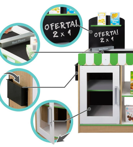 Teamson play supermarket set, 80x80x30 cm, featuring colorful pretend food and shopping accessories for kids' imaginative play.