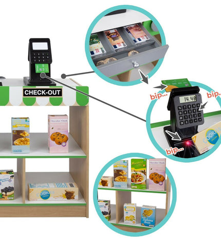 Teamson play supermarket set with 80x80x30 cm size, designed for pretend play and toy games, featuring colorful shelves and accessories.