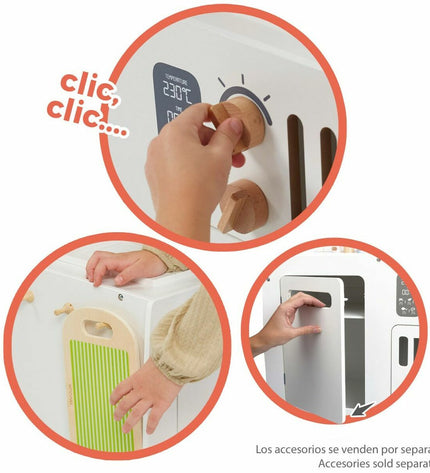 Teamson wooden play kitchen with stove, sink, and storage, measuring 55x30x63 cm, designed for imaginative toy cooking games.