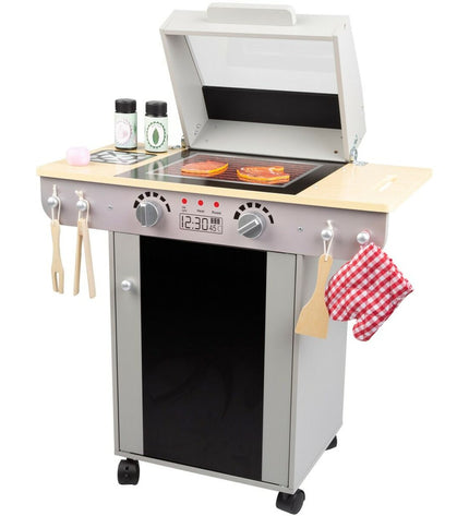 Teamson pretend play toy kitchen BBQ set with stove, sink, and dining accessories, perfect for imaginative cooking fun.