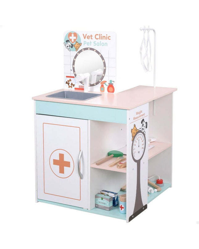 Teamson Vet Clinic educational toy with animal doctor playset, includes veterinary tools and plush animals for imaginative pretend play.