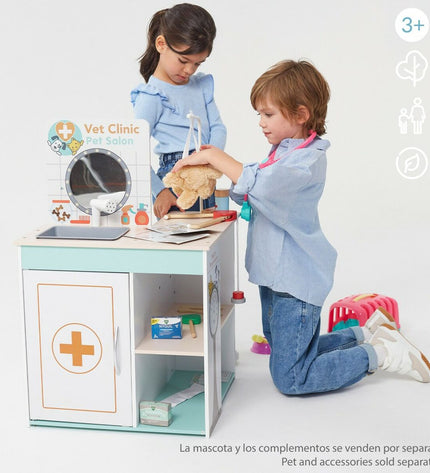Teamson Vet Clinic educational toy set featuring pretend veterinarian tools and animal figures for imaginative play.