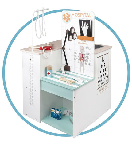 Teamson Vet Clinic educational toy set featuring a toy animal vet station with medical tools and animal figures for pretend play.