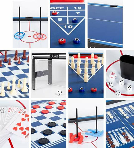 CB Games multi-spel tafel with colorful plastic game components, measuring 124 x 81 x 60 cm, for fun family gameplay.