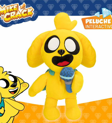 Yellow Mikecrack plush toy with sound, 29 cm soft stuffed animal, ideal for cuddling and play.