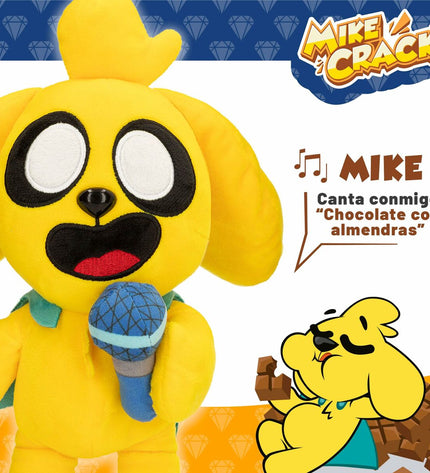 Yellow Mikecrack plush toy with sound, 29 cm soft stuffed animal for children, featuring detailed facial features and plush texture.