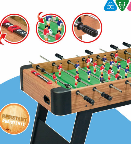 CB Games tabletop foosball table with 121 x 81 x 61 cm dimensions, featuring colorful player figures and a sturdy playing surface.