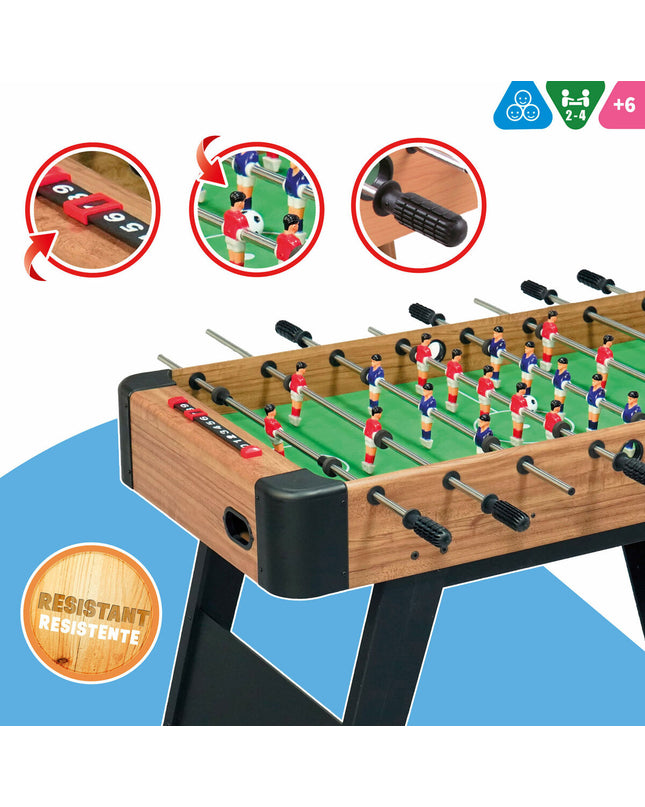 CB Games tabletop foosball table with 121 x 81 x 61 cm dimensions, featuring colorful player figures and a sturdy playing surface.