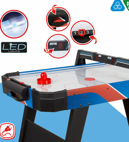 CB Games hockey table for kids, measuring 106 x 75 x 53 cm, with colorful playing surface and miniature hockey accessories.