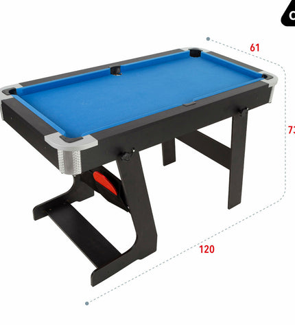 CB Games pool table in size 120 x 73 x 61 cm, featuring a green playing surface, wooden frame, and billiard accessories.