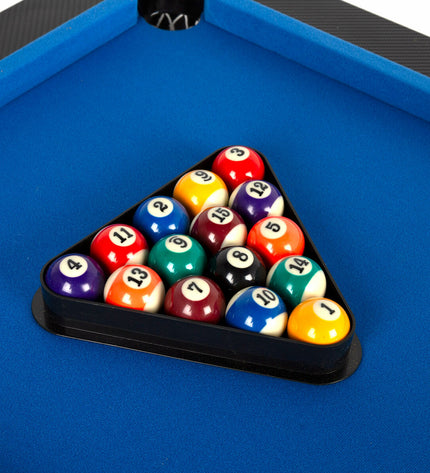 CB Games pool table toy, 120 x 73 x 61 cm, with colorful balls and cues for fun indoor billiards gameplay.
