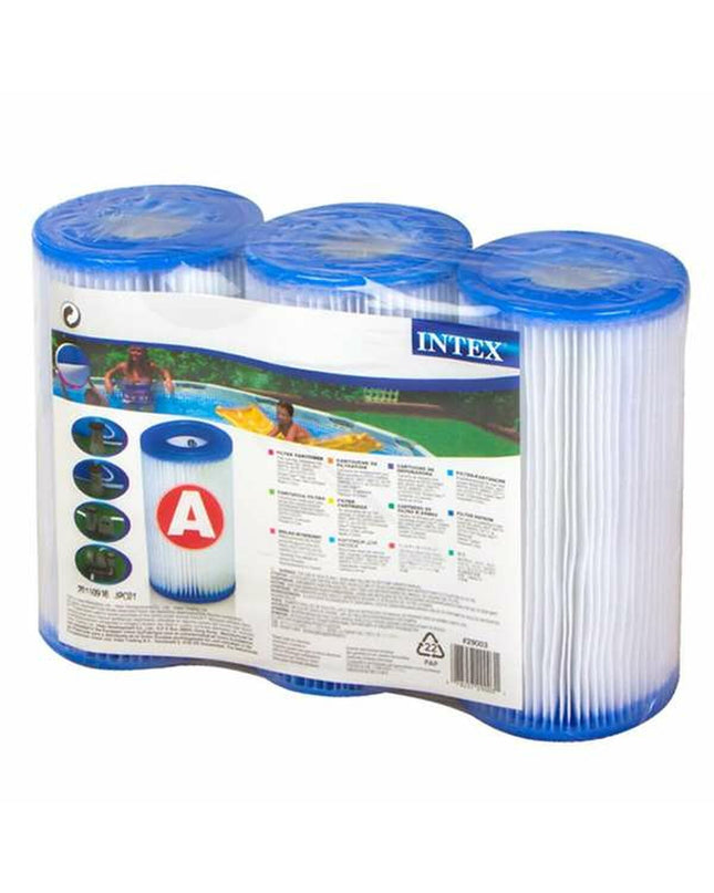Six Intex A-type filter cartridges for pool purification, suitable for garden pools, jacuzzis, and spa filtration systems.
