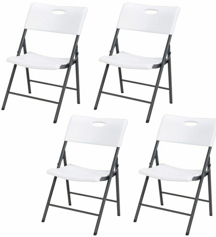 Set of four Lifetime white folding camping chairs, lightweight and durable, ideal for outdoor activities and outdoor seating.
