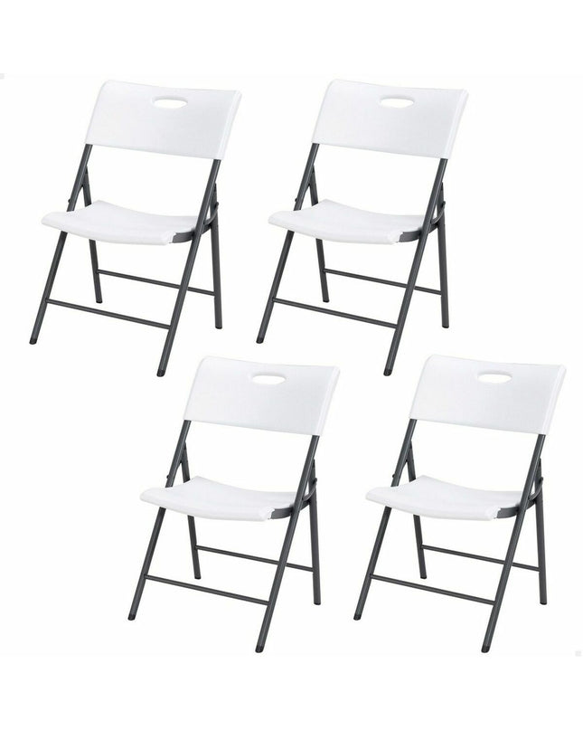 Set of four Lifetime white folding camping chairs, lightweight and durable, ideal for outdoor activities and outdoor seating.