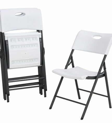 Set of four white Lifetime folding camping chairs with armrests, 50x58x83 cm, suitable for outdoor activities and camping.