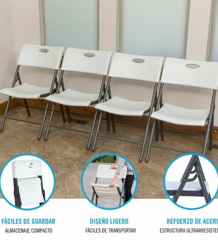 Set of four Lifetime foldable camping chairs in white, lightweight outdoor seating with 50x58x83 cm dimensions.