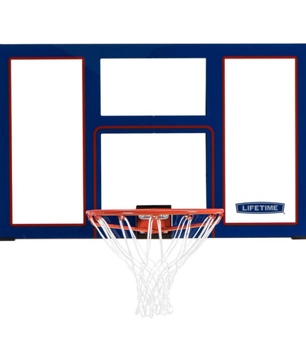 Lifetime basketball hoop with backboard measuring 121 x 75.5 x 65 cm, designed for outdoor sports and basketball play.
